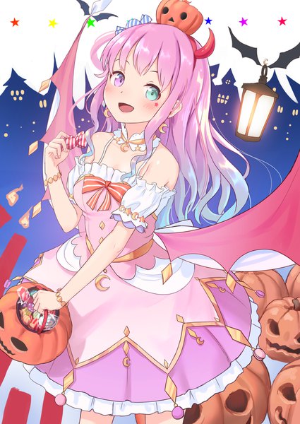 Anime picture 1218x1720 with virtual youtuber hololive himemori luna himemori luna (1st costume) roke (taikodon) single long hair tall image looking at viewer blush open mouth pink hair :d heterochromia halloween fake antlers girl dress earrings food