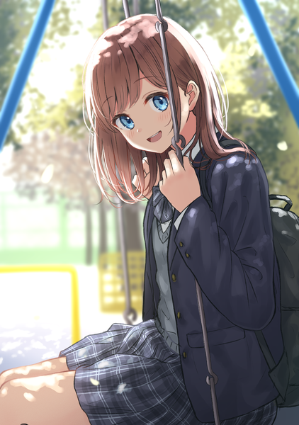 Anime picture 985x1400 with original burenbo single tall image looking at viewer blush fringe short hair open mouth blue eyes smile brown hair sitting outdoors :d pleated skirt blurry open clothes depth of field plaid skirt