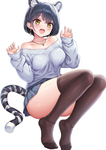 Anime picture 1060x1500 with original hhama single tall image looking at viewer blush fringe short hair open mouth light erotic black hair simple background smile white background sitting bare shoulders animal ears yellow eyes bent knee (knees) tail