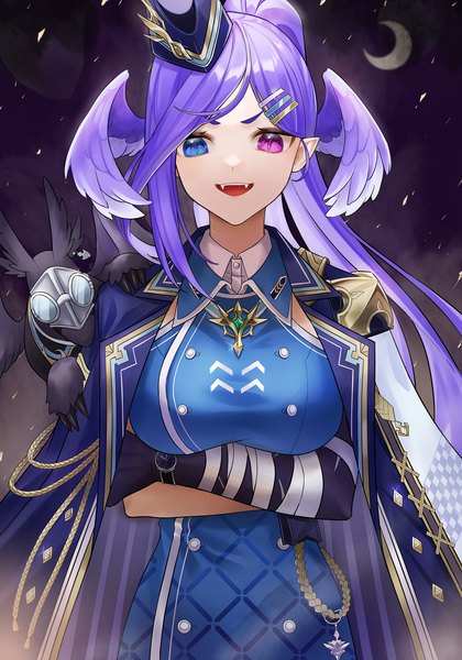 Anime picture 3500x5000 with virtual youtuber nijisanji nijisanji en selen tatsuki ember (selen tatsuki) gfpebs single long hair tall image looking at viewer highres open mouth absurdres purple hair upper body :d pointy ears heterochromia official alternate costume crossed arms