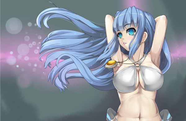Anime picture 1517x996 with csai (sain) single long hair breasts blue eyes light erotic large breasts blue hair looking away armpit (armpits) midriff girl navel swimsuit pendant
