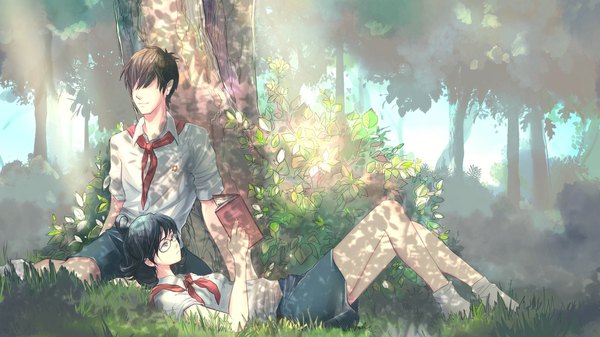 Anime picture 1920x1080 with everlasting summer iichan eroge semyon (everlasting summer) zhenya (everlasting summer) tagme (artist) highres black hair brown hair wide image sitting lying sunlight short sleeves on back wallpaper no face reading girl boy skirt