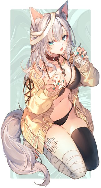 Anime picture 680x1257 with original toosaka asagi single long hair tall image looking at viewer blush fringe breasts open mouth light erotic simple background hair between eyes large breasts sitting animal ears silver hair full body bent knee (knees) tail