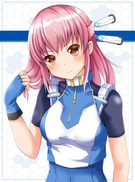 Anime picture 743x1000 with original ok-ray single long hair tall image blush brown eyes pink hair adjusting hair girl gloves fingerless gloves