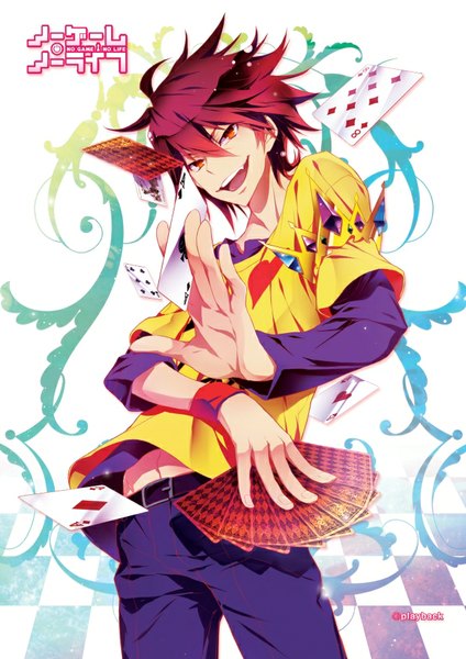 Anime picture 620x877 with no game no life madhouse sora (no game no life) playback (artist) single tall image short hair open mouth smile signed red hair inscription orange eyes copyright name boy pants crown card (cards)