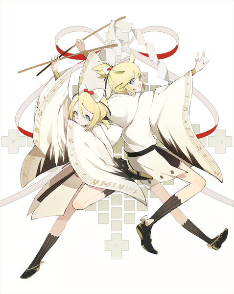 Anime picture 1435x1800 with vocaloid kagamine rin kagamine len captain yue tall image looking at viewer short hair blue eyes blonde hair white background full body ponytail traditional clothes japanese clothes outstretched arm siblings twins brother and sister girl boy