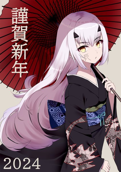 Anime picture 1075x1518 with fate (series) fate/grand order melusine (fate) ashino moto single long hair tall image looking at viewer fringe hair between eyes yellow eyes silver hair traditional clothes japanese clothes new year nengajou 2024 girl kimono umbrella