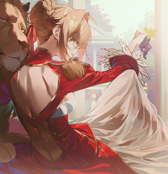 Anime picture 2712x2813 with fate (series) fate/extra nero claudius (fate) (all) nero claudius (fate) fajyobore single tall image looking at viewer fringe highres short hair breasts light erotic blonde hair hair between eyes sitting holding green eyes payot ahoge