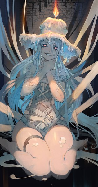 Anime picture 738x1400 with original lack single long hair tall image looking at viewer fringe breasts light erotic smile hair between eyes red eyes sitting silver hair bent knee (knees) nail polish head tilt barefoot fingernails grin