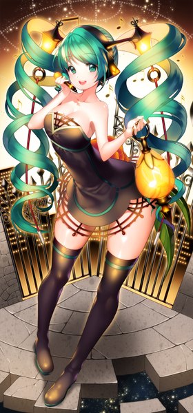 Anime picture 700x1500 with vocaloid hatsune miku lamp miku aile (crossroads) single long hair tall image looking at viewer blush open mouth smile twintails bare shoulders cleavage aqua eyes aqua hair drill hair gate girl thighhighs