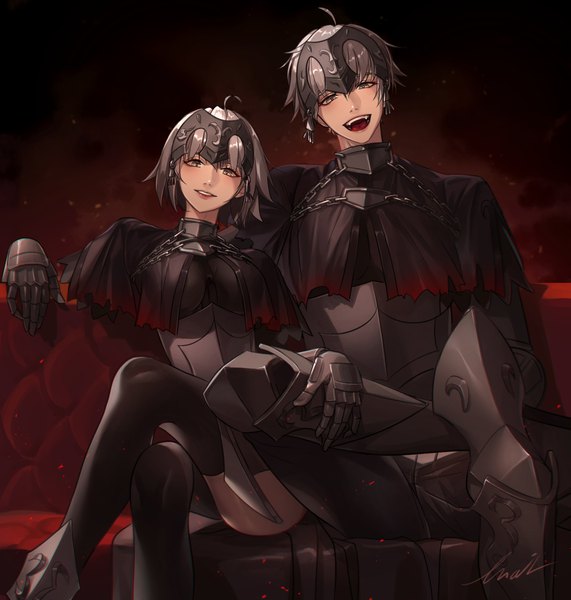 Anime picture 1700x1786 with fate (series) fate/grand order jeanne d'arc (fate) (all) jeanne d'arc alter (fate) avril214 tall image looking at viewer blush fringe short hair breasts open mouth light erotic smile hair between eyes large breasts sitting signed yellow eyes silver hair