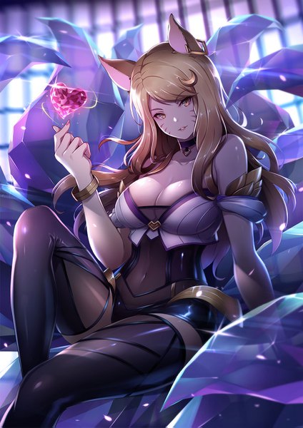 Anime picture 1000x1415 with league of legends k/da (league of legends) ahri (league of legends) k/da ahri kiyo (chaoschyan) single long hair tall image looking at viewer breasts light erotic blonde hair large breasts sitting animal ears yellow eyes cleavage tail animal tail arm support