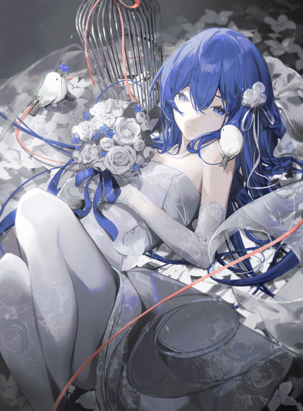 Anime picture 3318x4500 with original chi4 single long hair tall image looking at viewer fringe highres blue eyes hair between eyes signed blue hair absurdres bent knee (knees) lying head tilt hair flower blurry sparkle on back