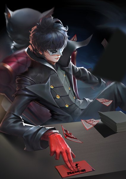 Anime-Bild 1920x2716 mit persona 5 persona amamiya ren morgana (persona 5) pan xuan single tall image fringe highres short hair black hair sitting bent knee (knees) lips realistic dark background covering eye (eyes) leather boy gloves