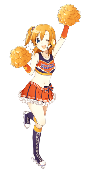 Anime picture 1024x1890 with love live! school idol project sunrise (studio) love live! kousaka honoka chisumi single tall image looking at viewer short hair blue eyes bent knee (knees) one eye closed wink orange hair one side up outstretched arm standing on one leg transparent background leg lift (legs lift) frilly skirt