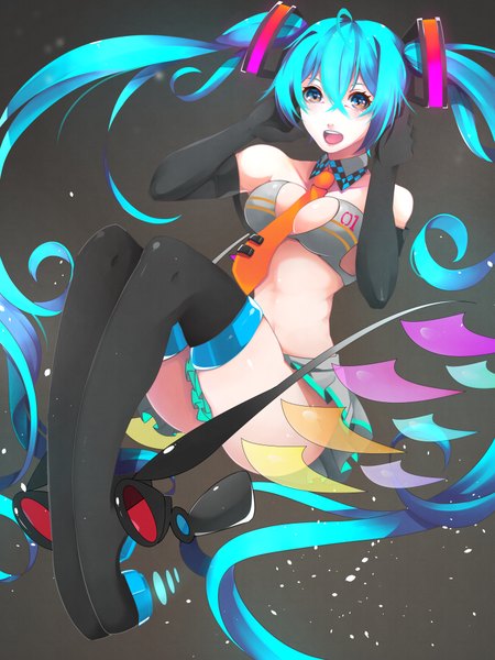 Anime picture 1500x2000 with vocaloid hatsune miku akuan (7jackpot7) single tall image looking at viewer breasts open mouth light erotic simple background twintails very long hair aqua eyes aqua hair black background weightlessness girl gloves black gloves necktie