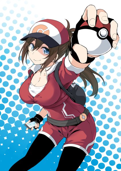 Anime picture 1062x1505 with pokemon pokemon (game) pokemon go nintendo female protagonist (pokemon go) ishima yuu single long hair tall image fringe breasts blue eyes smile hair between eyes brown hair large breasts standing holding payot looking away