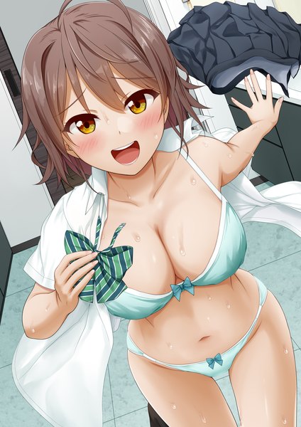 Anime picture 2067x2923 with original miel (lessontome) single tall image looking at viewer blush fringe highres short hair breasts open mouth light erotic smile hair between eyes brown hair large breasts standing holding brown eyes payot