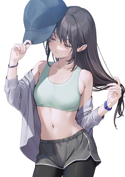 Anime picture 724x1024 with original geroro single long hair tall image fringe black hair simple background standing white background looking away pink eyes open clothes midriff sweat adjusting hair hat removed headwear removed girl navel