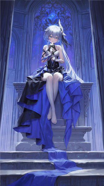Anime picture 1125x2000 with honkai impact 3rd honkai (series) theresa apocalypse theresa apocalypse (twilight paladin) ulquiorra0 single long hair tall image blush fringe blue eyes hair between eyes bare shoulders looking away silver hair night from below no shoes night sky crossed legs