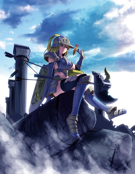 Anime picture 933x1200 with original masao single long hair tall image breasts blonde hair large breasts sitting looking away sky cloud (clouds) orange eyes ruins knight girl thighhighs weapon food armor