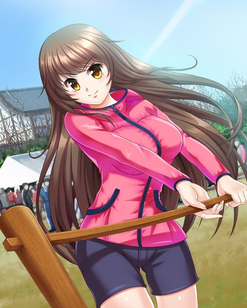 Anime picture 640x800 with original aocchi long hair tall image looking at viewer brown hair yellow eyes sky light smile girl jacket bike shorts
