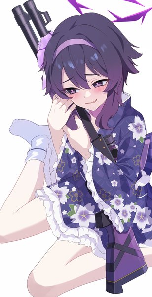 Anime picture 796x1549 with blue archive haruka (blue archive) haruka (new year) (blue archive) 2windrill single tall image fringe short hair black hair simple background hair between eyes white background sitting purple eyes traditional clothes japanese clothes from above official alternate costume floral print wariza