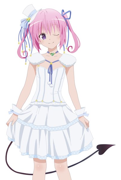 Anime picture 2025x3000 with toloveru toloveru darkness xebec nana asta deviluke single tall image highres short hair simple background smile white background purple eyes twintails pink hair tail one eye closed wink short twintails girl dress