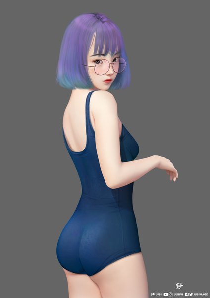 Anime picture 2480x3508 with original jubi (regiana) single tall image looking at viewer fringe highres short hair light erotic simple background signed purple hair looking back from behind black eyes realistic grey background lipstick red lipstick girl