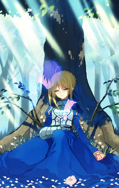 Anime picture 632x1000 with fate (series) fate/stay night studio deen type-moon artoria pendragon (all) saber rugo single tall image short hair blonde hair green eyes translucent girl dress flower (flowers) plant (plants) petals tree (trees)