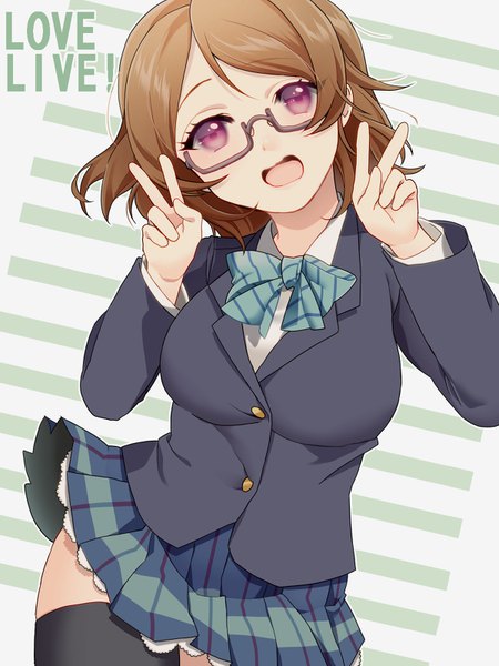 Anime picture 1200x1600 with love live! school idol project sunrise (studio) love live! koizumi hanayo mihatarou single tall image looking at viewer short hair open mouth brown hair purple eyes head tilt pleated skirt copyright name victory girl thighhighs skirt uniform