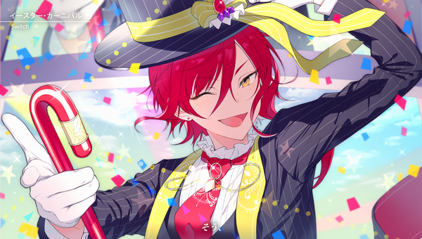 Anime picture 2176x1236 with ensemble stars! sakasaki natsume o-ishi single looking at viewer fringe highres short hair open mouth hair between eyes wide image yellow eyes red hair one eye closed wink boy gloves necktie white gloves star (symbol)