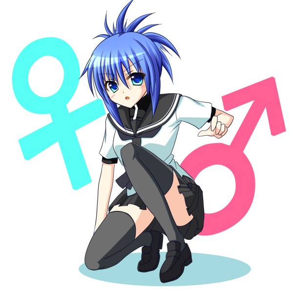 Anime picture 1200x1200 with kampfer senou natsuru single blush short hair open mouth blue eyes blue hair genderswap girl thighhighs skirt uniform black thighhighs school uniform