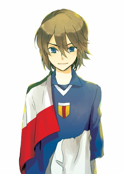 Anime picture 900x1259 with axis powers hetalia inazuma eleven studio deen north italy (hetalia) fidio aldena single tall image looking at viewer fringe short hair blue eyes simple background smile brown hair eyebrows smirk playing sports football boy uniform