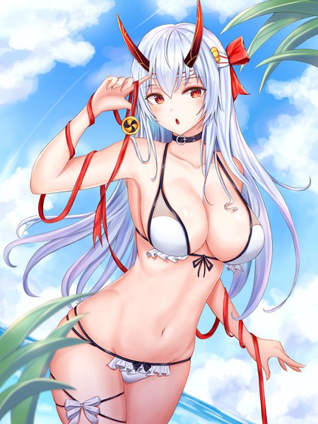 Anime picture 1000x1333 with fate (series) fate/grand order tomoe gozen (fate) kottungyang single long hair tall image looking at viewer blush breasts open mouth light erotic red eyes standing bare shoulders holding sky cleavage silver hair cloud (clouds)