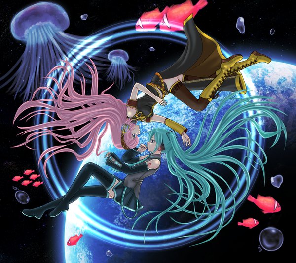 Anime picture 1600x1424 with vocaloid hatsune miku megurine luka yukimeg long hair blue eyes twintails multiple girls pink hair green hair face to face girl thighhighs 2 girls detached sleeves boots bubble (bubbles) fish (fishes) planet earth