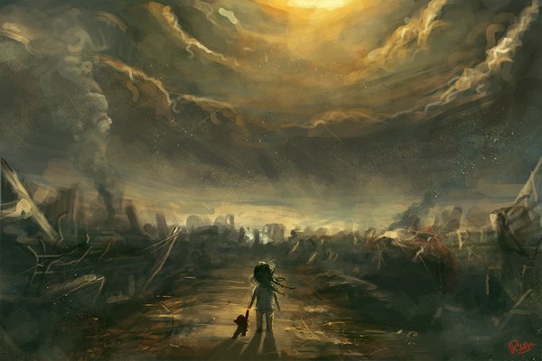 Anime picture 1024x684 with original phungdinhdung single long hair sky cloud (clouds) barefoot from behind smoke ruins toy stuffed animal child (children)