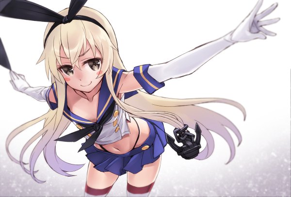 Anime picture 1200x812 with kantai collection shimakaze destroyer matsuryuu single long hair looking at viewer blush blonde hair smile grey eyes zettai ryouiki spread arms girl thighhighs skirt gloves navel hair ornament underwear panties