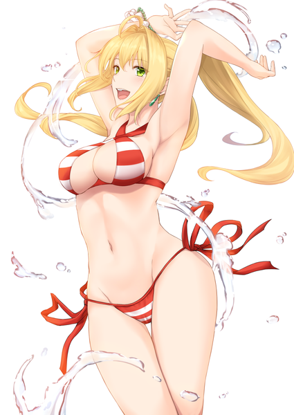 Anime picture 906x1280 with fate (series) fate/grand order nero claudius (fate) nero claudius (swimsuit caster) (fate) terry terry (pixiv3274443) single long hair tall image blush breasts open mouth light erotic simple background blonde hair white background twintails green eyes ahoge :d