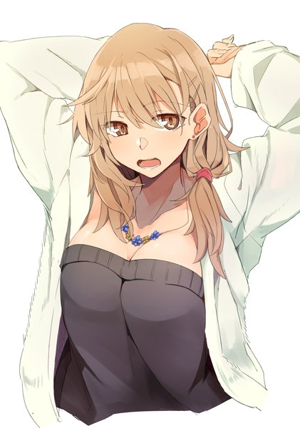 Anime picture 2071x2953 with original kazenoko single long hair tall image fringe highres breasts open mouth simple background blonde hair hair between eyes large breasts white background brown eyes looking away upper body ahoge arms up open shirt