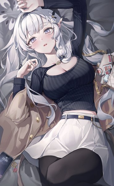 Anime-Bild 1050x1707 mit blue archive himari (blue archive) ttosom single long hair tall image looking at viewer blush fringe breasts open mouth light erotic purple eyes cleavage white hair lying blunt bangs long sleeves hair flower from above