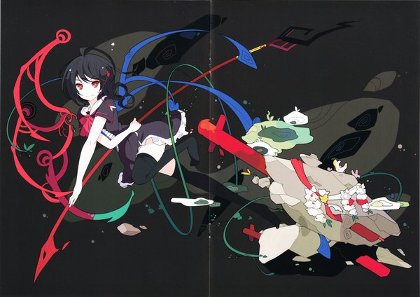 Anime picture 8566x6057 with touhou houjuu nue ideolo single looking at viewer highres short hair black hair simple background smile red eyes absurdres full body ahoge scan short sleeves no shoes black background scan artifacts screening