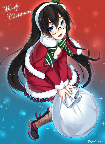 Anime picture 1100x1500 with kantai collection ooyodo light cruiser ryou@ryou single long hair tall image looking at viewer fringe open mouth blue eyes black hair hair between eyes signed full body :d from above sparkle twitter username christmas merry christmas