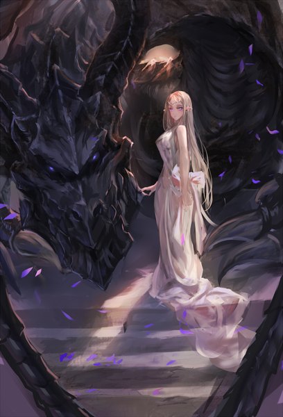 Anime picture 544x800 with original makai no juumin long hair tall image looking at viewer fringe blonde hair standing purple eyes bare shoulders pointy ears sunlight mountain fantasy girl dress hair ornament bow petals tiara