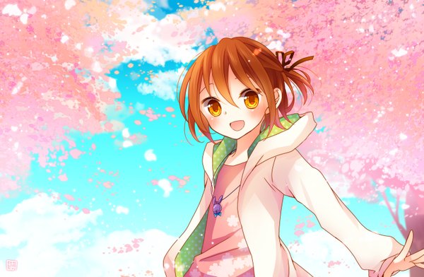 Anime picture 2930x1916 with original goma (11zihisin) single blush highres open mouth smile sky cloud (clouds) orange hair open clothes open jacket orange eyes cherry blossoms girl ribbon (ribbons) plant (plants) hair ribbon tree (trees) jacket