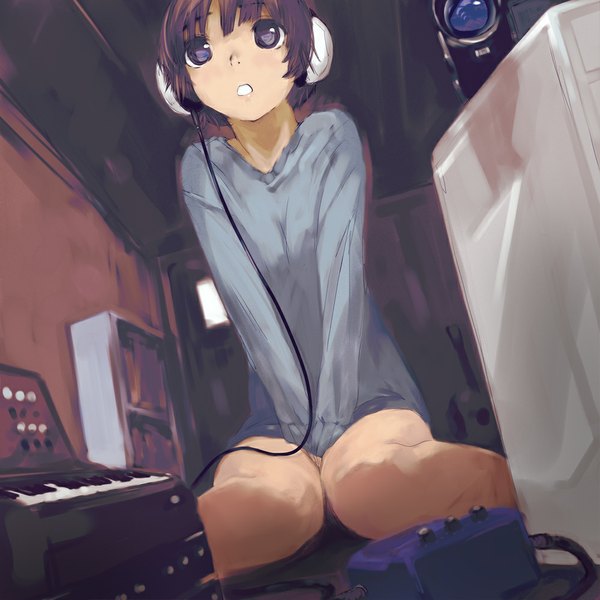 Anime picture 1000x1000 with original nimirom single short hair open mouth brown hair sitting grey eyes girl headphones sweater wire (wires) door