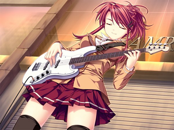 Anime picture 1024x768 with rui wa tomo wo yobu akatsuki-works minamoto rui game cg red hair eyes closed girl serafuku musical instrument guitar