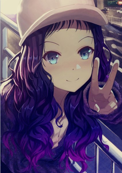 Anime picture 715x1009 with original wu baiye zhu single long hair tall image looking at viewer blush blue eyes smile purple hair victory wavy hair girl hat flat cap railing