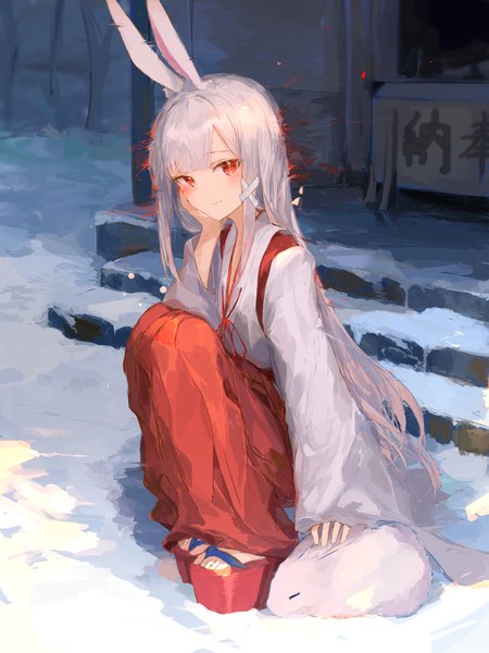Anime picture 2400x3200 with original ichika (ichika87) single long hair tall image looking at viewer fringe highres red eyes animal ears silver hair outdoors traditional clothes japanese clothes bunny ears winter snow squat miko new year