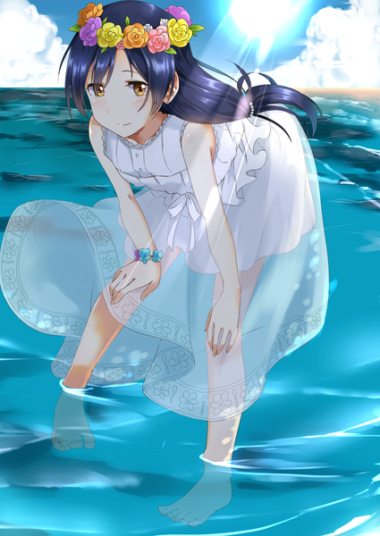 Anime picture 1133x1600 with love live! school idol project sunrise (studio) love live! sonoda umi ksk (semicha keisuke) single long hair tall image looking at viewer blush fringe smile standing yellow eyes blue hair sky cloud (clouds) barefoot sunlight bare legs